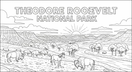 Obraz premium Theodore Roosevelt National Park Coloring Page: Bison, Horses, and Badlands Landscape