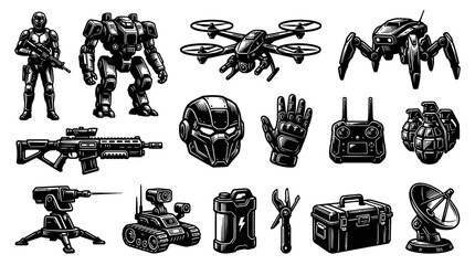 Obraz premium Futuristic Military Technology Vector Icons: Soldier, Robot, Drone, Spider Bot