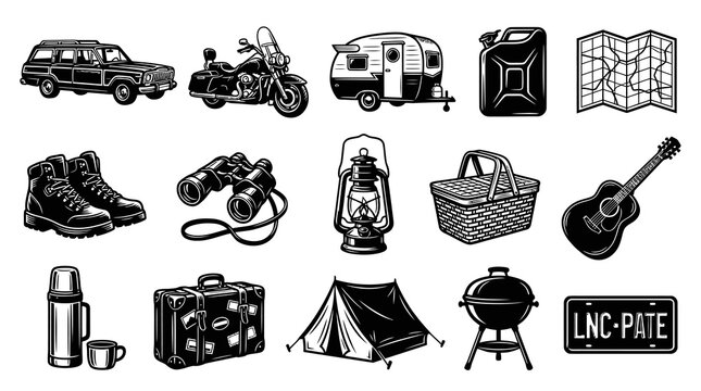 Black and White Line Art Icons of Camping and Outdoor Adventure Gear