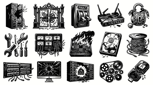 Technology Failure Icons: Broken Computer, Router, Hard Drive, Lock, Wires