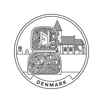 Viking Rune Stone with Danish Church and Landscape - Line Art Emblem