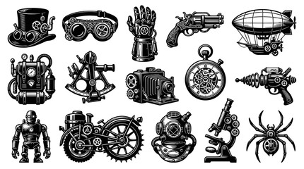 Obraz premium Steampunk Vector Icons: Robot, Blimp, Goggles, Camera, Clock, Spider