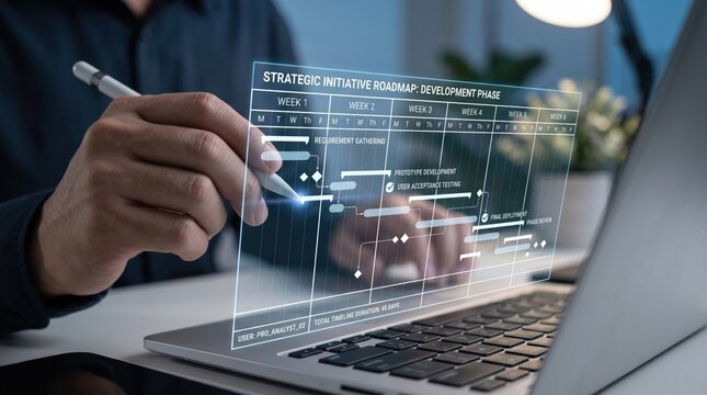 Strategic initiative roadmap development phase gantt chart displayed on digital screen, project management timeline with requirement gathering steps.