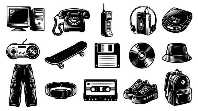 Black and White Vector Icons of 90s Retro Technology and Fashion Objects