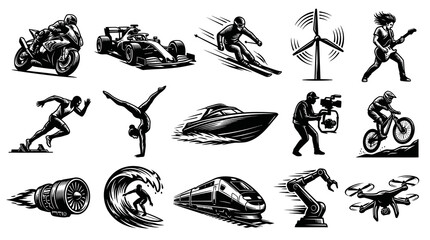 Obraz premium Dynamic Sports, Transport, and Technology Black and White Vector Illustrations Set