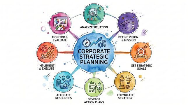 Corporate Strategic Planning Mind Map Template with Central Node and Connected Colored Circles