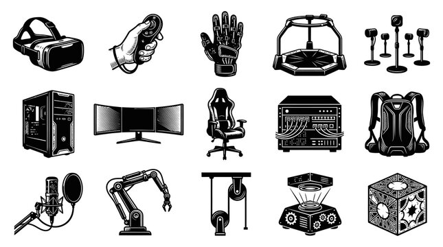 Black and White Line Art of Gaming Technology and Futuristic Gadgets