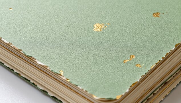 Close-up of old book with green cover and gold details