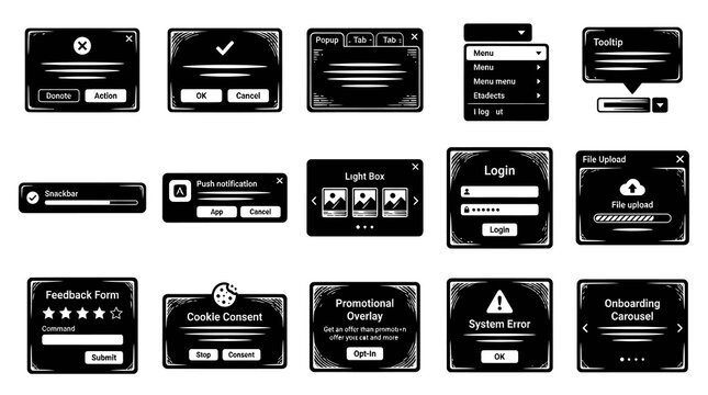 UI elements, icons for web and app design: popups, forms, buttons, alerts, menus