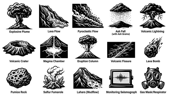 Volcanology Icons: Black and White Line Art of Volcanic Phenomena and Equipment