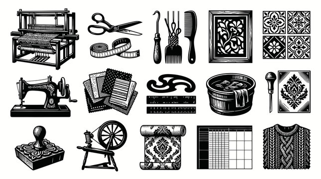 Black and White Line Art Illustration of Textile Crafting and Sewing Tools