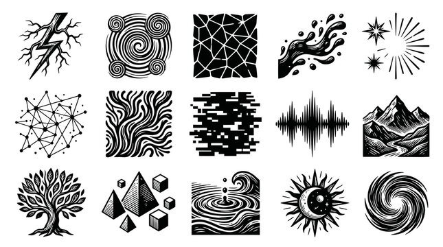 Diverse Black  White Engraved Line Art Icons: Abstract, Nature, Science  Symbolic Design Elements Set.