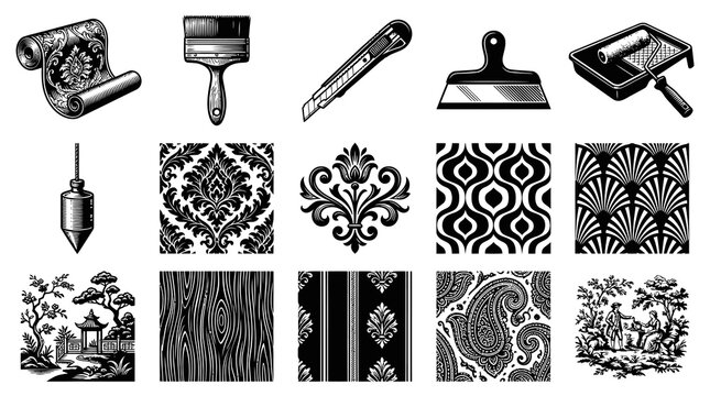 Vintage Engraving Home Decor  Renovation Tools, Wallpaper  Decorative Patterns - Black  White Line Art