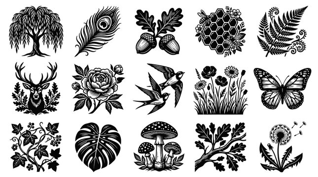 Black and White Nature Elements Vector - Forest Animals, Flowers, Plants, Insects
