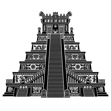 Ancient Maya Pyramid Temple Silhouette with Hieroglyphs and Stairs