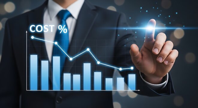 Cost reduction analysis businessman interacting with declining cost chart