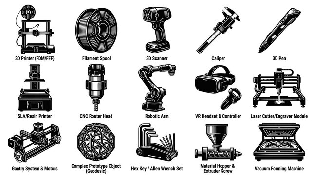 3D Printing Technology Vector Icons: FDM, SLA, Laser Cutter, VR, Robot Arm