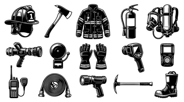 Vintage Firefighter Gear and Emergency Services Equipment Black White Line Art Vector Set