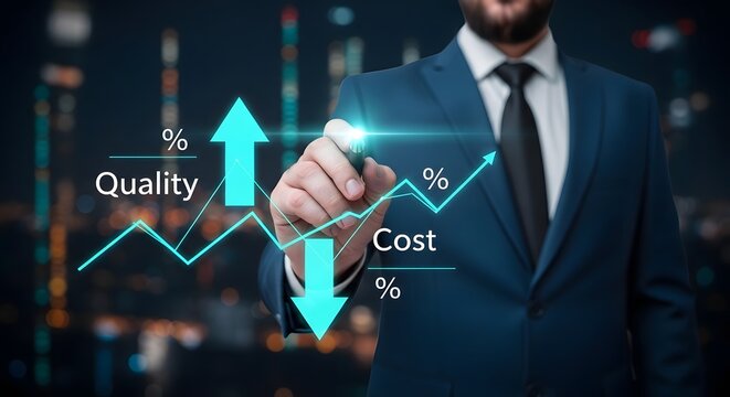 Business strategy concept increasing quality reducing costs with data analysis