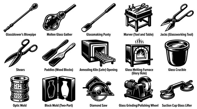 Glassmaking and Glassblowing Tools and Equipment Black  White Line Art Icons Set