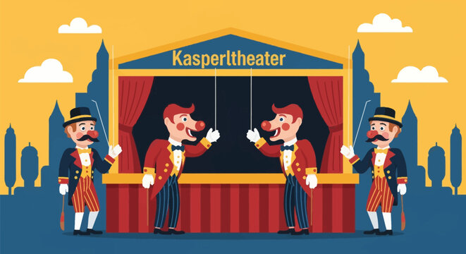 Flat vector illustration of a traditional Kasperltheater puppet stage featuring four characters in formal ringmaster outfits with red noses, top hats, and red curtains.