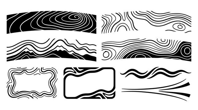 Set of black and white arched topographic mountain banners, swirling isobar headers, fluid wave frames, and line dividers for stream UI overlays