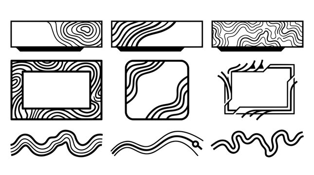 Set of black and white topographic map banner tabs, contour UI frames with tech accents, and wavy line separators for stream overlays and web design