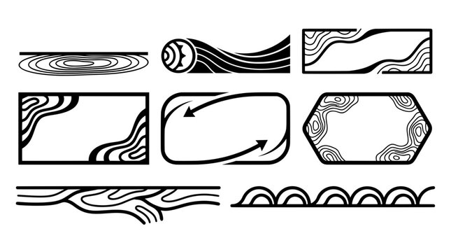 Set of black and white stream element assets featuring contour map frames, isobar borders, panels with arrows, and wavy line dividers for UI layout