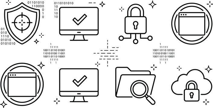 Cybersecurity and data protection vector icon set featuring cloud security padlock shield binary code computer and folder elements