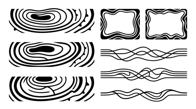 Set of black and white concentric isobar map semicircles, wavy contour frames, and intertwined fluid line dividers for UI and stream design