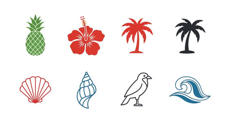 Fototapeta premium Tropical Summer Icons: Pineapple, Hibiscus, Palm Trees, Seashells, Bird, Wave