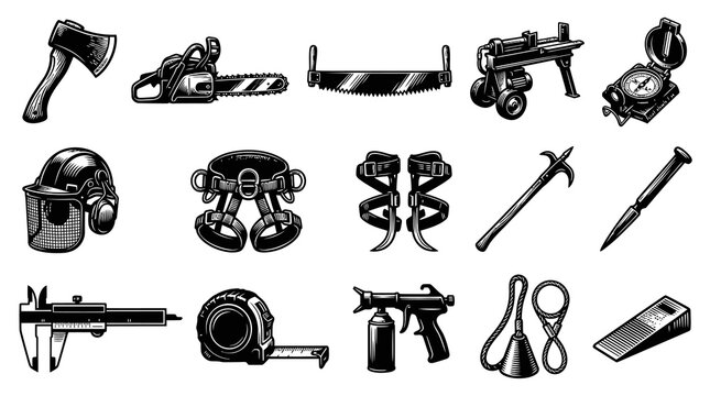 Black and White Illustration of Various Tools for Construction and Forestry