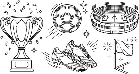 Soccer football championship outline vector icons set featuring trophy cup stadium ball cleats shoes and corner flag elements © S O H A G