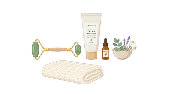 Skincare products arranged on a surface with a towel and jade roller nearby indoors