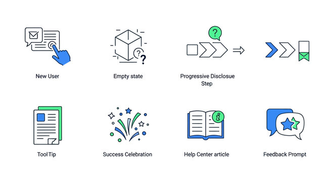 UI UX Design Icons: New User, Empty State, Progress, Success, Article, Feedback