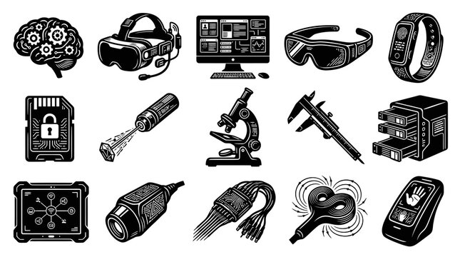 Technology Icons Set: Brain, VR, Computer, Glasses, Watch, SD Card, Laser, Microscope, Caliper, Server, Tablet, Cable, Key, Phone