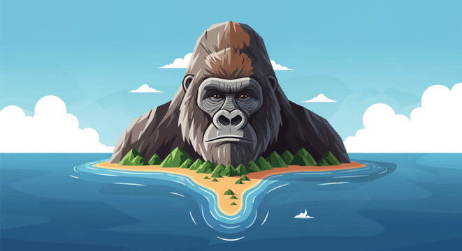 Vector illustration of a giant gorilla head shaped mountain rising from a tropical island surrounded by blue ocean water, featuring sandy beaches, green hills, and white clouds.