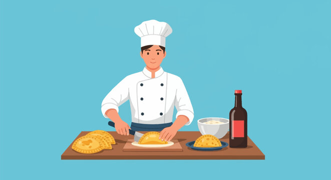 Vector illustration of a male chef in a white culinary uniform and toque preparing handmade empanadas on a wooden counter with a bowl of dough and a glass bottle over blue background.