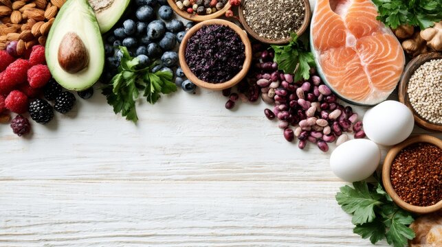 Protein rich breakfast ingredients are artistically placed around empty space to highlight wellness and healthy eating concepts.