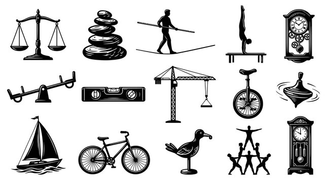 Black and White Glyphs for Balance, Stability, Precision, and Time - Physics  Abstract Concepts Icon Set