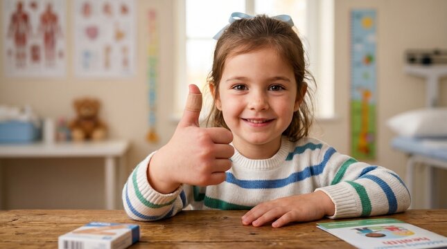 A young girl gives a thumbs-up while sitting at a desk in a classroom or doctor's office with educational posters on the wall behind her.