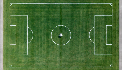 An overhead view of a green soccer field with white lines and a black and white soccer ball in the center, ready for a match or practice, with a simple and clean design. © musaannarabbi007