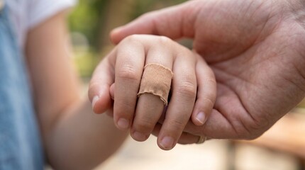 Fototapeta premium A man's hand gently holds a child's hand with a bandaged finger outside
