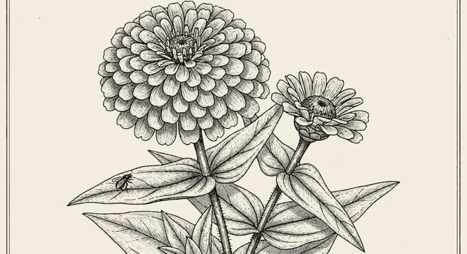 Hand drawn zinnia flowers in vintage botanical engraving style