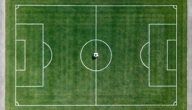 An overhead view of a green soccer field with white lines and a black and white soccer ball in the center, ready for a match or practice, with a simple and clean design.