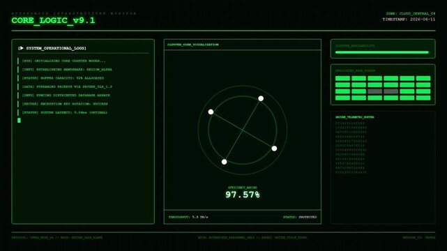 Core Logic Autonomous Infrastructure Monitor Cluster Visualization Efficiency Rating TLS Telemetry Dashboard Animation.