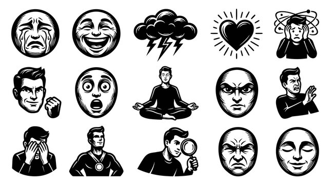 Emotional Faces  Symbols, Black and White Vector Art for Mental Health and Psychology