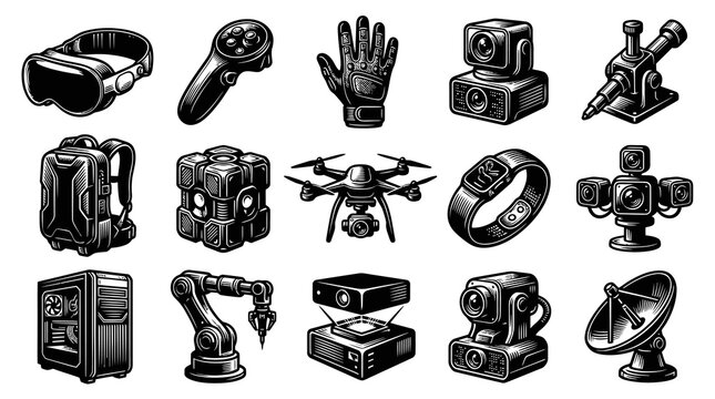 Technology Icons: VR Headset, Drone, Robot Arm, Computer, 3D Scanner