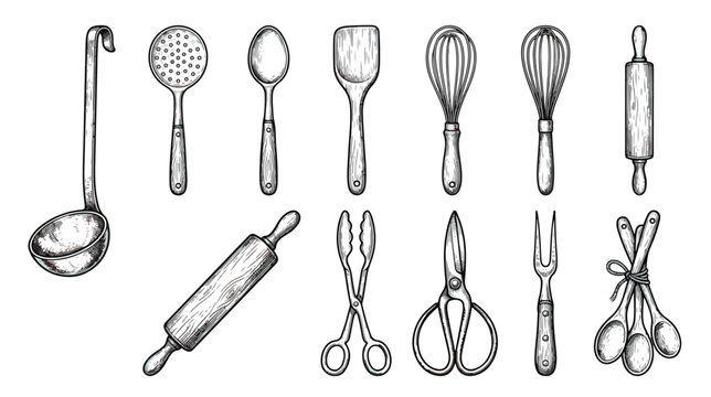 Vintage hand drawn kitchen utensils set, rustic culinary tools and baking equipment icons, 13 black and white engraved vector elements for restaurant menus