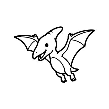 Cute pterodactyl flying dinosaur coloring page. Black and white outline of baby pteranodon with wings for kids coloring book, preschool worksheets, and KDP interior.